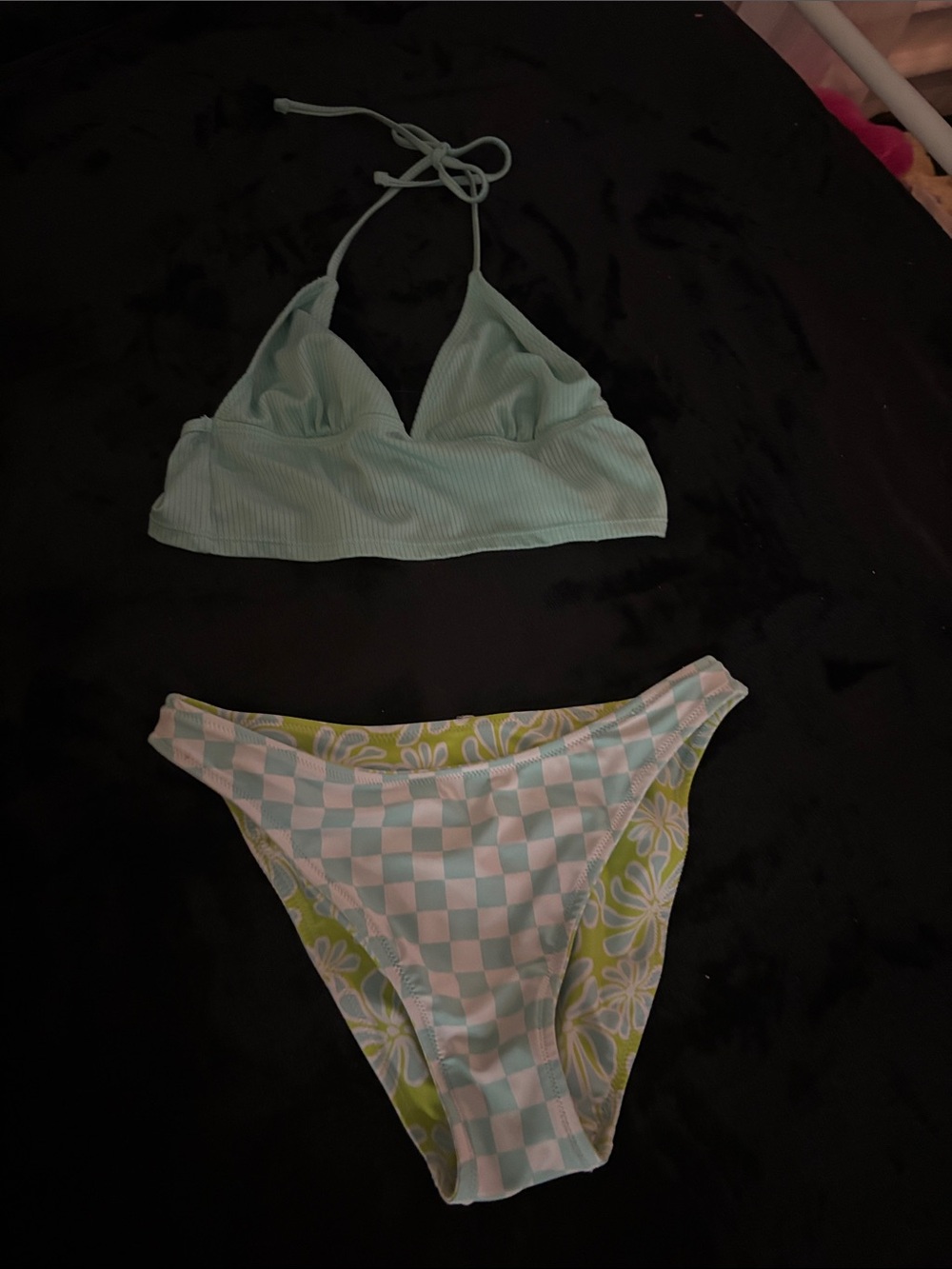 Pastel Mint Two-Piece Bikini Set - Mint & White Checker